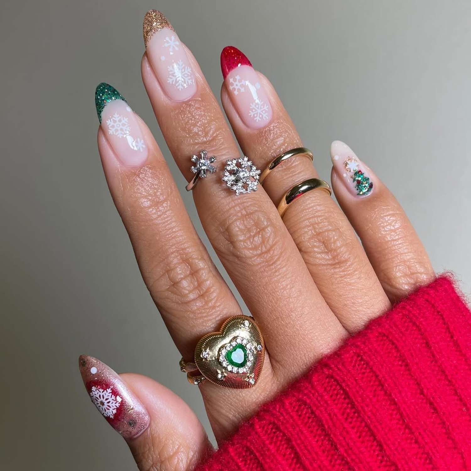 Nude Snowflakes and Glitter French Tips — Cute Christmas Nails 2026