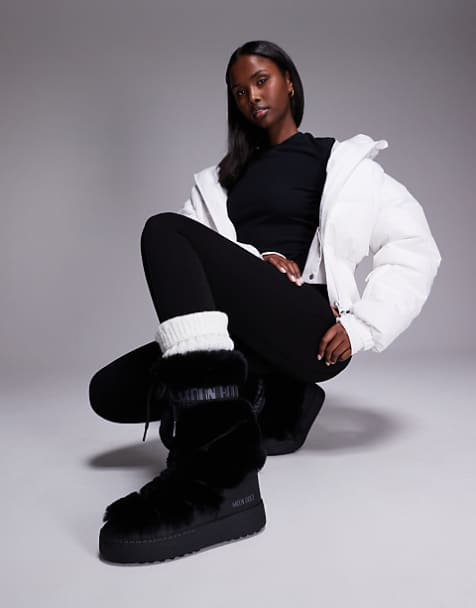 Chic Contrast: Black Faux Fur Boots with White Puffer — Moon Boots Outfits