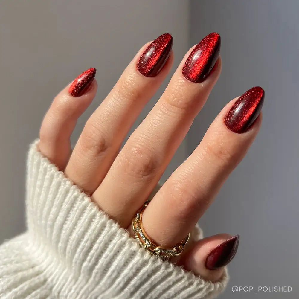 Deep Red Cat-Eye Medium Almonds Deep Red Cat-Eye Medium Almonds β Winter Wedding Guest Nails