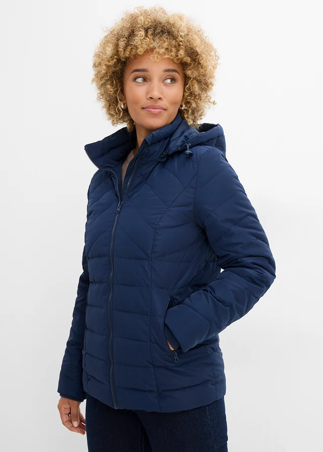 Navy Quilted Puffer Jacket for Casual Warmth — Winter Outfits for Warm Weather