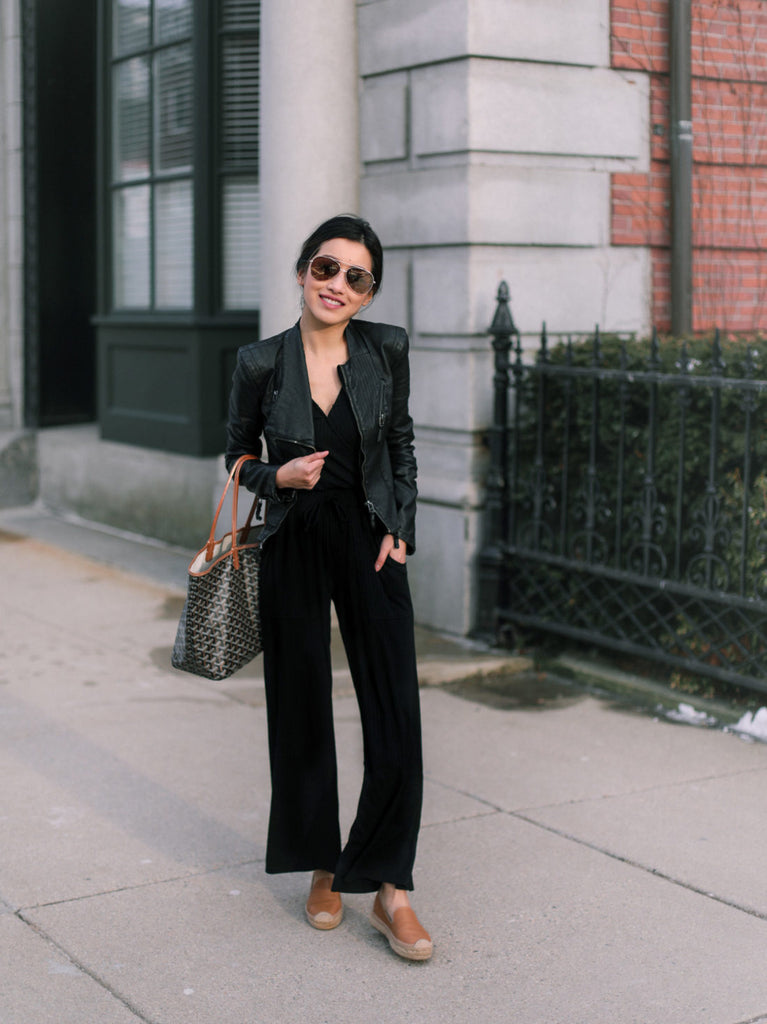 Black Leather Jacket with Wide-Leg Jumpsuit for Daytime Black Leather Jacket with Wide-Leg Jumpsuit for Daytime β Black Coat Outfits