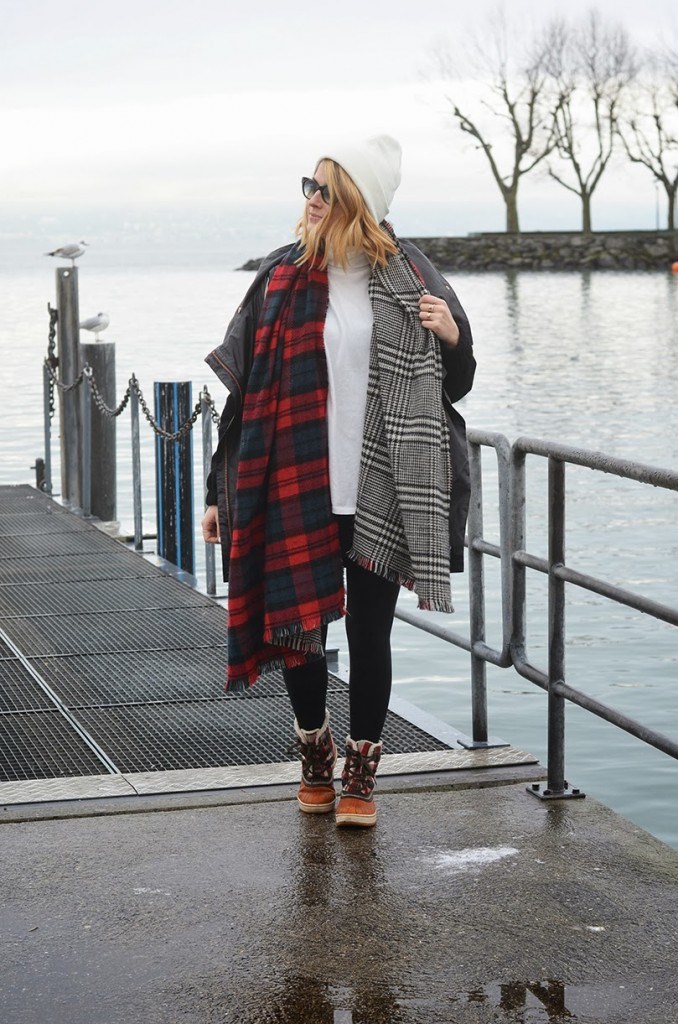 Layered Scarves with a Black Jacket and Snow Boots — Snow Day Outfits