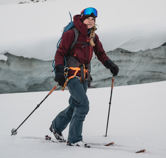 Burgundy Waterproof Jacket and Grey Pants for Ski Touring — Winter Hiking Outfits