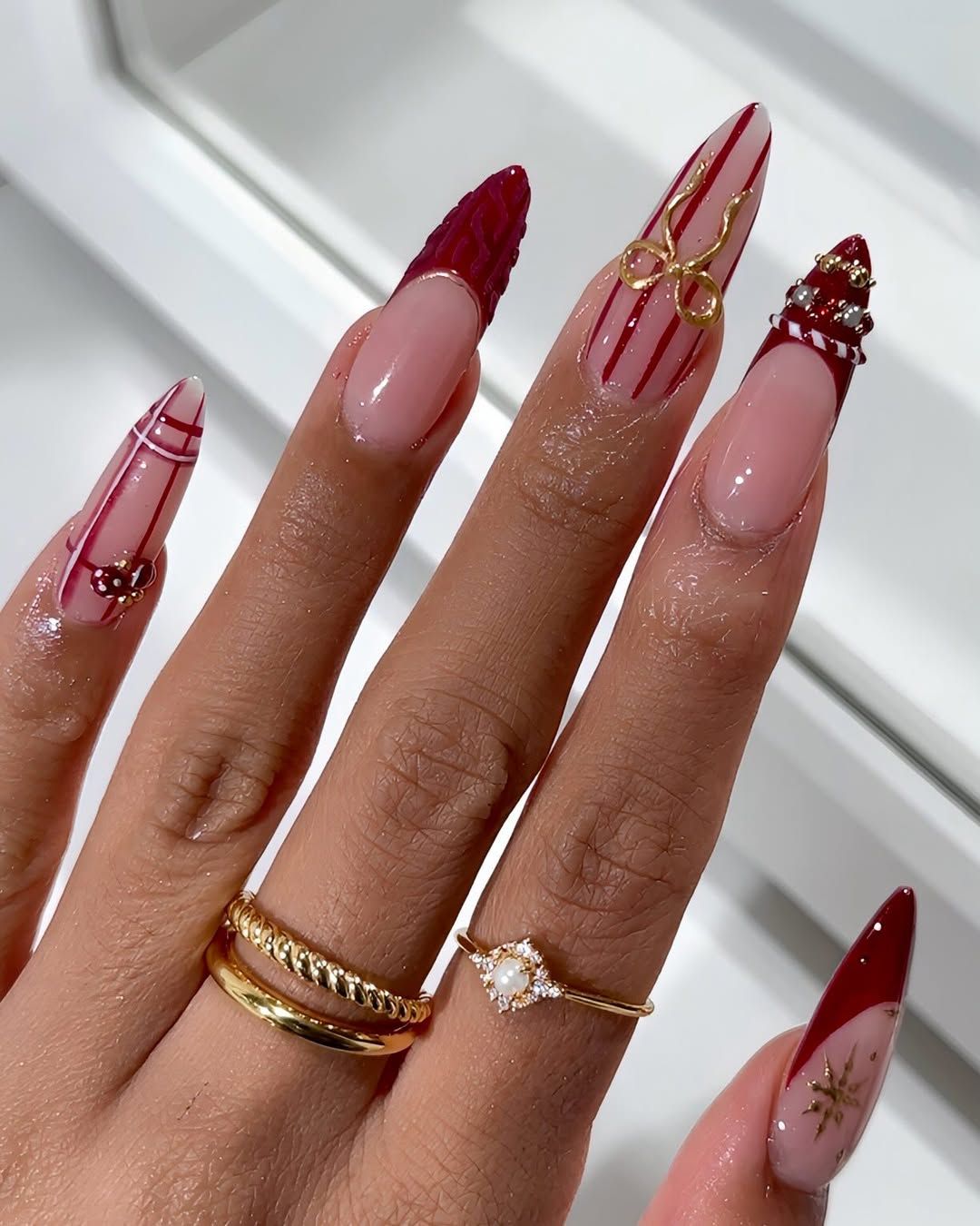 Sheer Pink Base Deep Red White Gold Visual Idea Sheer Pink Base Deep Red White Gold Visual Idea β Winter Bow Nails