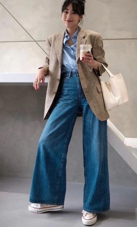 Smart Casual Polish: Tweed Blazer with Extremely Wide Leg Jeans — Winter Outfits with Wide Leg Jeans