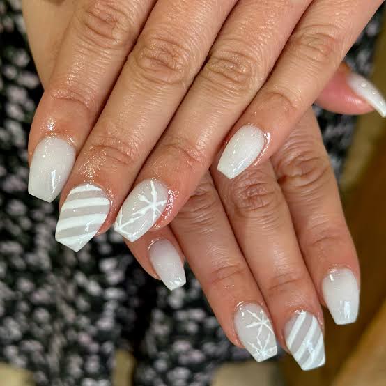 Milky Sheer Snowflakes and Stripes Milky Sheer Snowflakes and Stripes β Simple Winter Nails