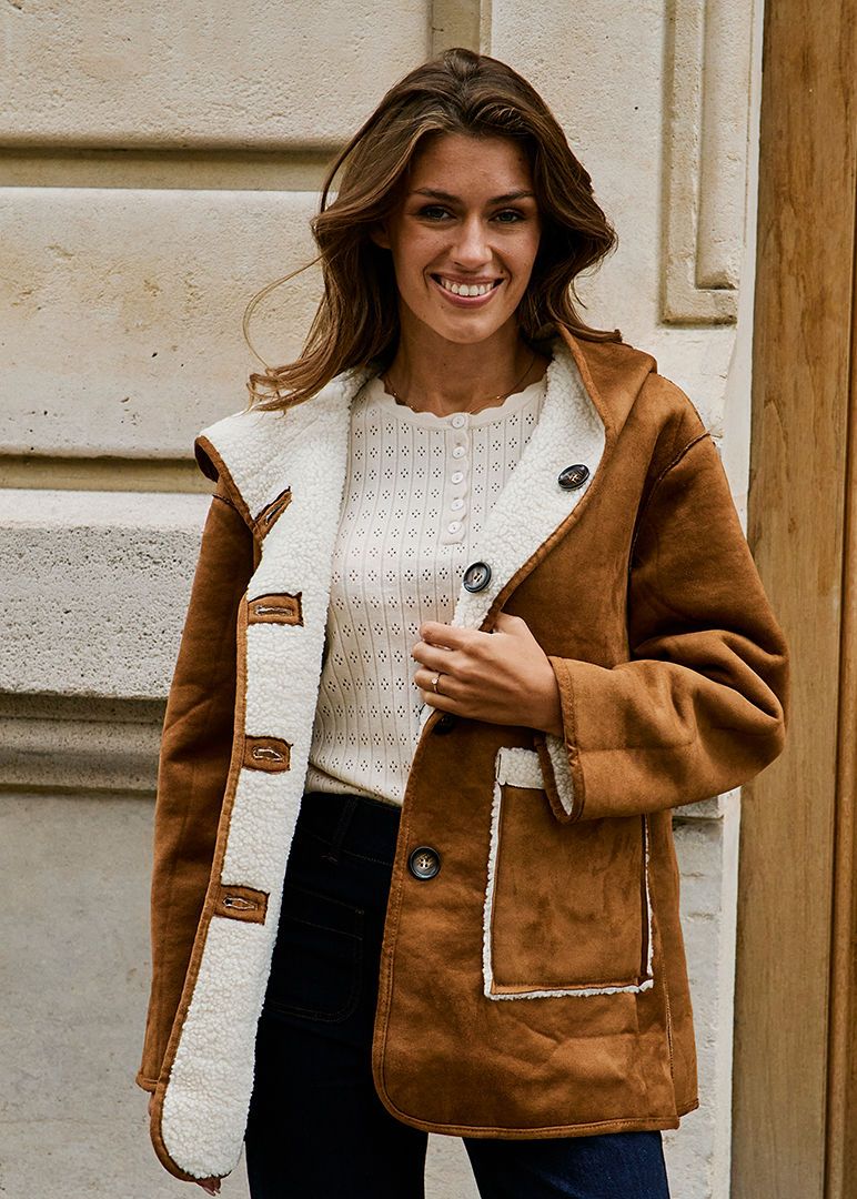 Brown Suede Jacket with Shearling Lining and Knit Top — Winter Jackets for Women