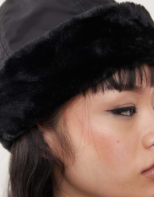 Black Hat with Plush Faux Fur Trim Black Hat with Plush Faux Fur Trim β Fur Hat Outfits