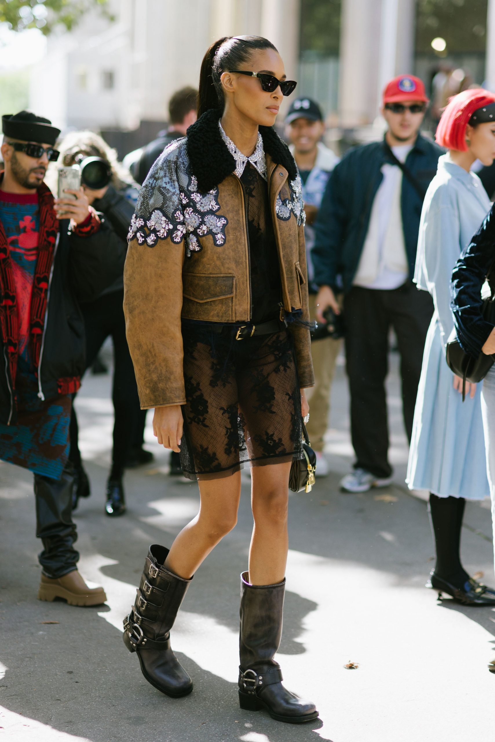 Dark Brown Buckle Boots with a Lace Mini Dress and Embellished Jacket Dark Brown Buckle Boots with a Lace Mini Dress and Embellished Jacket β Winter Boots Outfits
