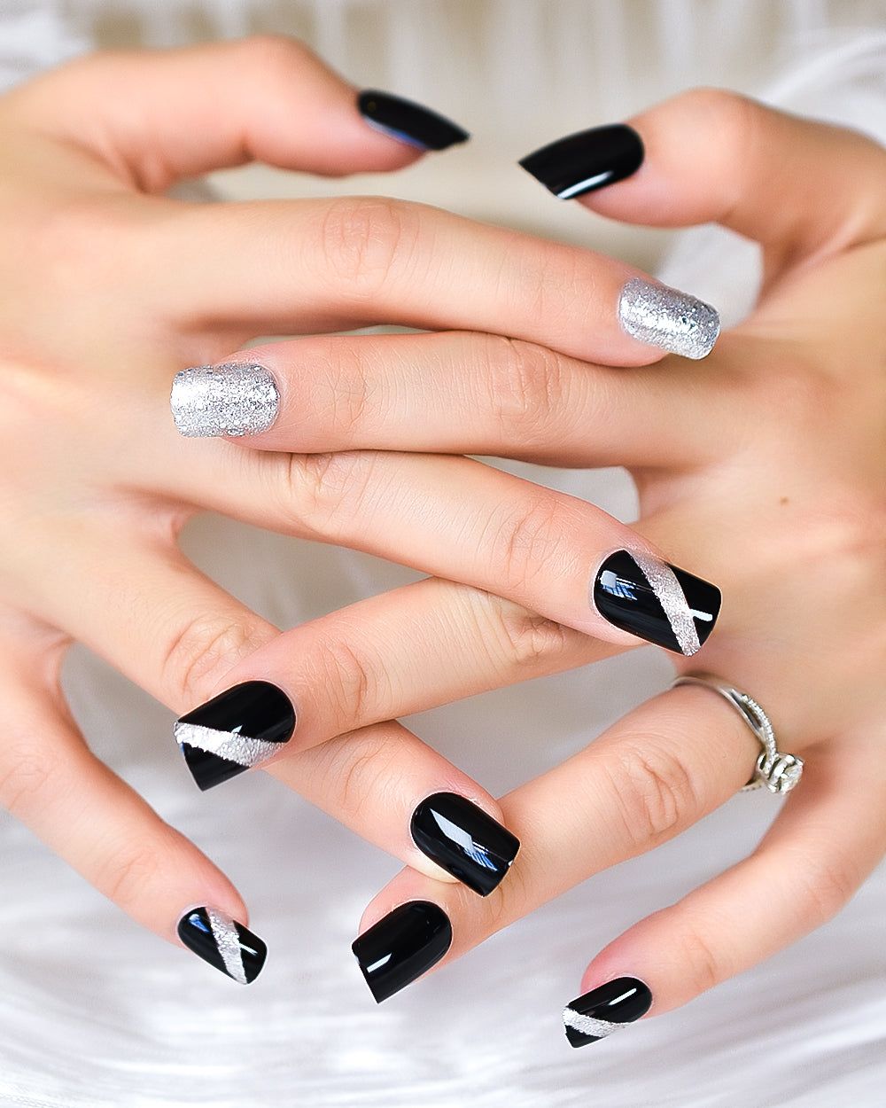 Black Silver Glitter French Square Nails Black Silver Glitter French Square Nails β New Years Nail Designs 2027