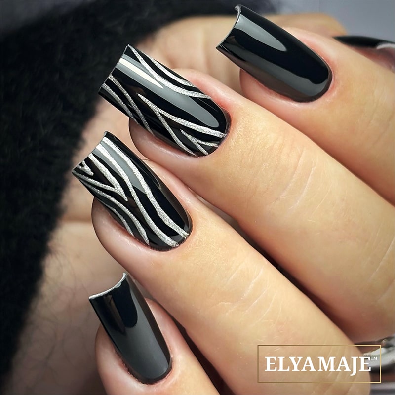 Glossy Black With Silver Zebra Stripes — Winter Black Nails