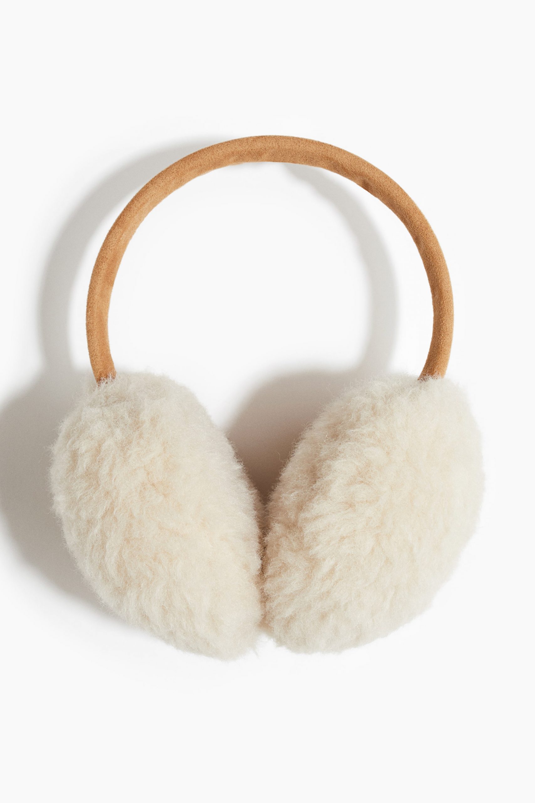 Textured Cream Shearling Earmuffs with a Tan Suede Band — Earmuffs Outfits