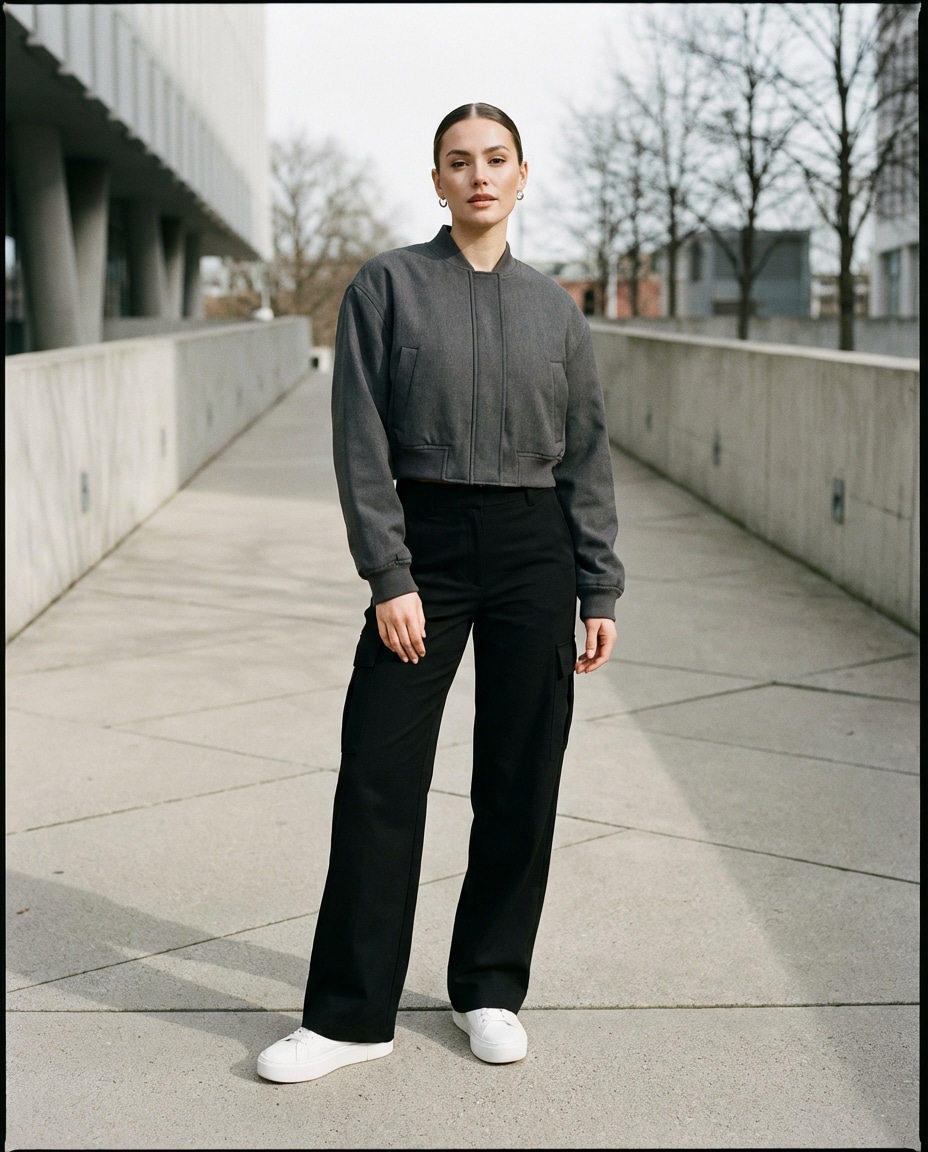 Cropped Fleece Bomber with Cargo Pants Cropped Fleece Bomber with Cargo Pants β Winter Streetwear Outfits