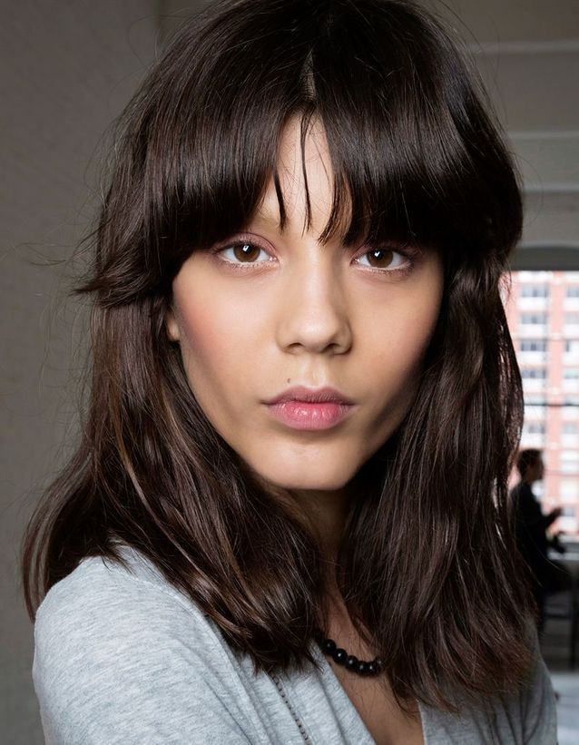 Chin Length Lob With Full Bangs — Dark Chocolate Brown Hair