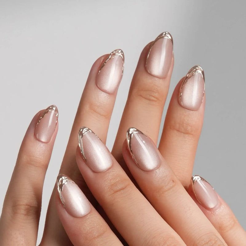 Pearlescent Pink with Gold Line Detail Pearlescent Pink with Gold Line Detail β Winter Date Night Nails