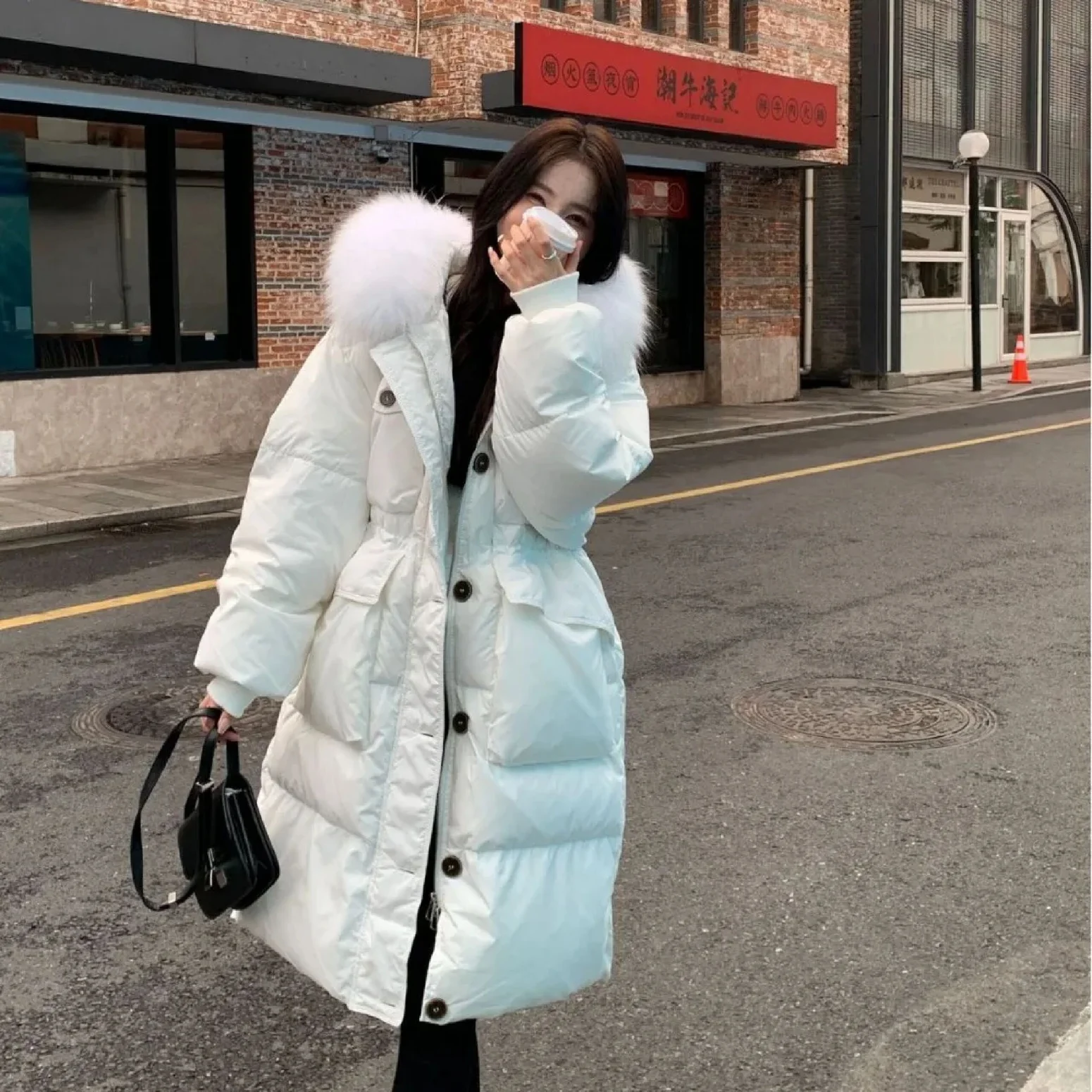 Long White Puffer Coat with Faux Fur Hood — Winter White Outfits