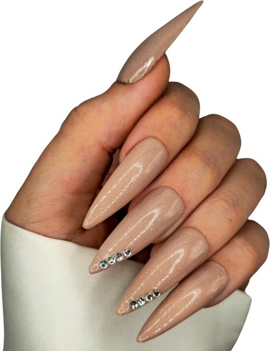 Nude Shimmer Stilettos with Rhinestone Base Nude Shimmer Stilettos with Rhinestone Base β New Years Stiletto Nails 2027