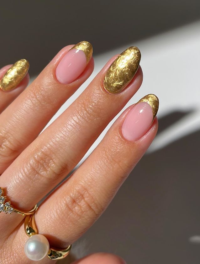Textured Gold French Tip Almond Nails — Winter Gold Nails