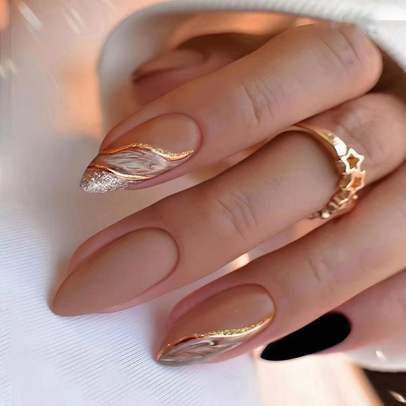 Matte Taupe Marble Gold Foil Almonds Matte Taupe Marble Gold Foil Almonds โ Winter Almond Nails