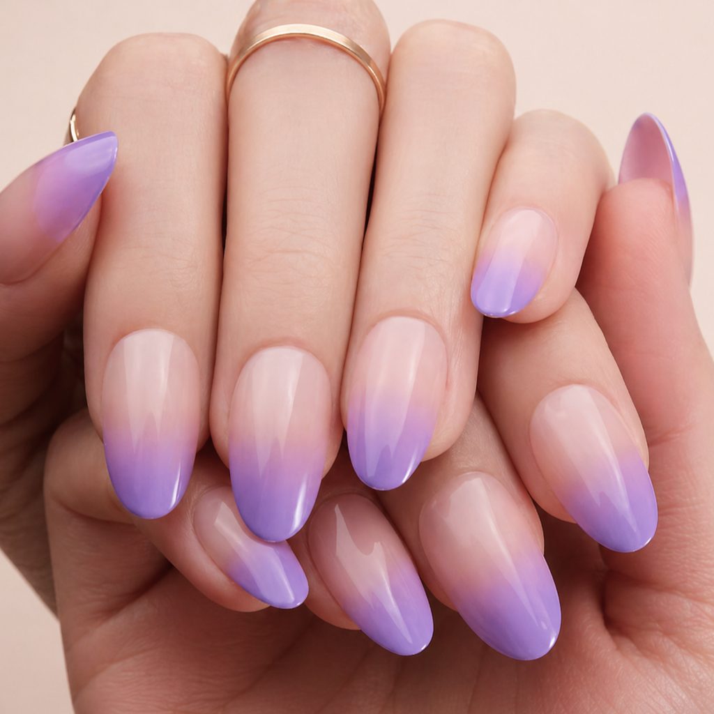 Sheer Nude to Lavender Almond Ombre Sheer Nude to Lavender Almond Ombre β Winter Ombre Nails
