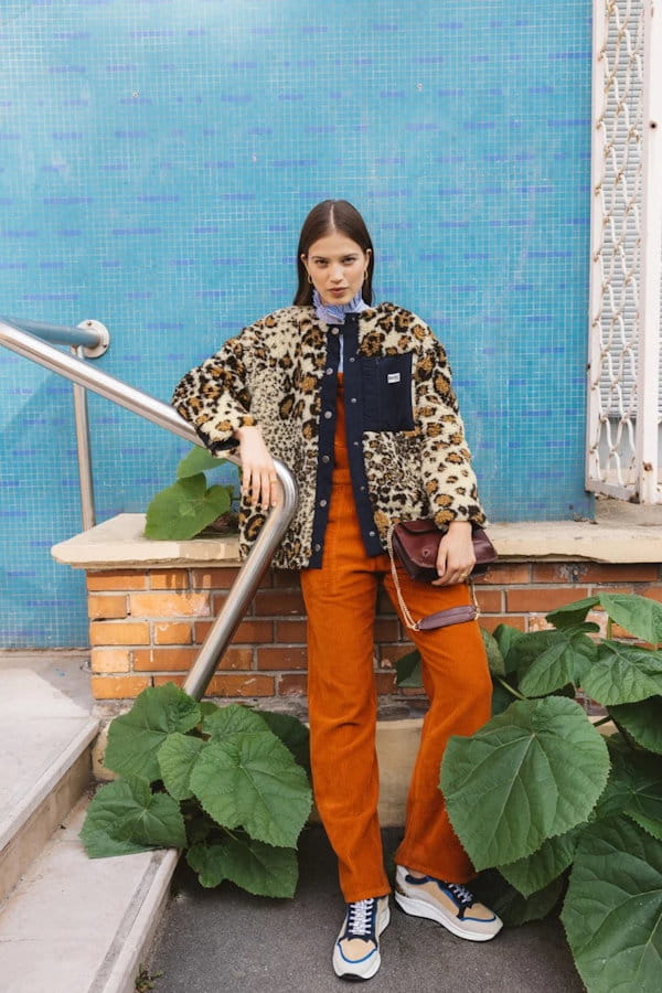 Leopard Jacket over Jumpsuit with Orange Trousers — Leopard Coat Outfits