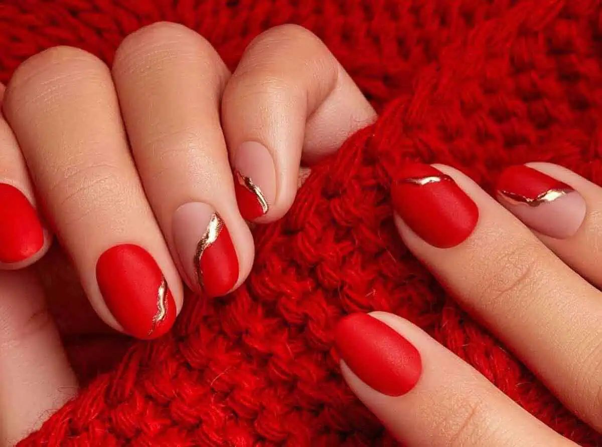 Matte Red with Gold Curved Cuticle Line Matte Red with Gold Curved Cuticle Line β Red and Gold Christmas Nails 2026