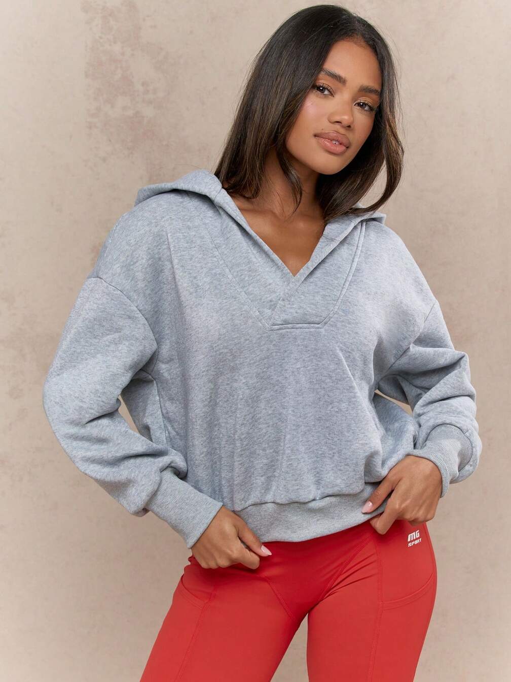 Grey V-Neck Fleece Hoodie with Red Leggings for a Pop of Color — Winter Workout Outfits