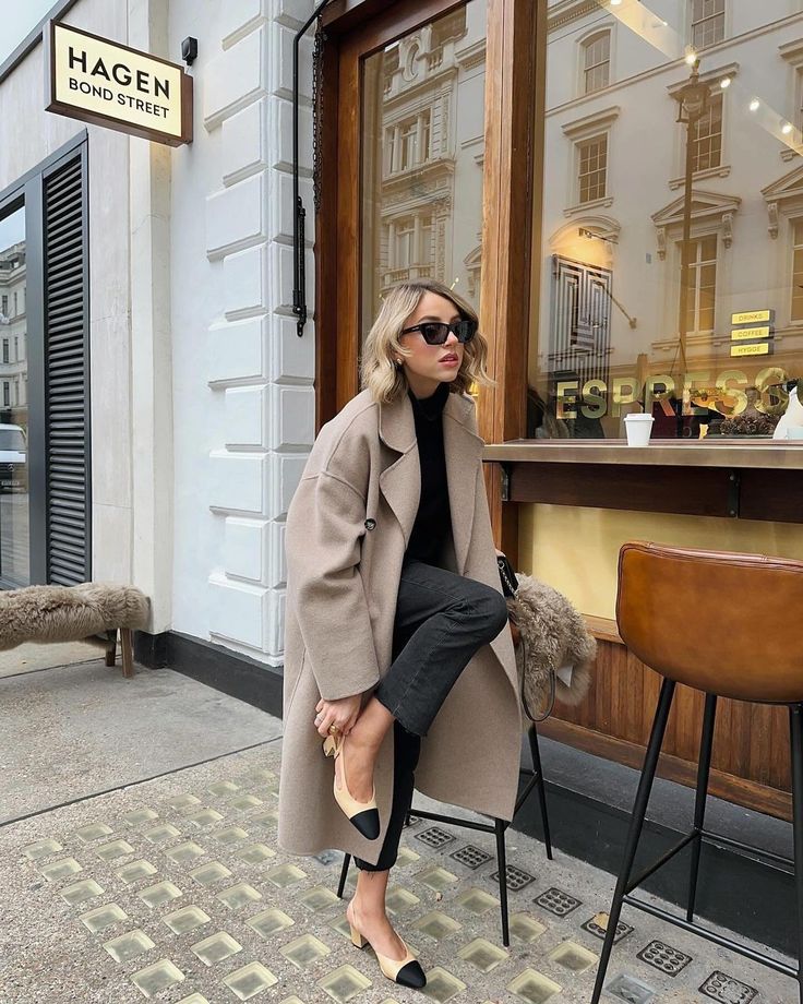 Oversized Beige Wool Coat Over Black Base — Winter Capsule Wardrobe