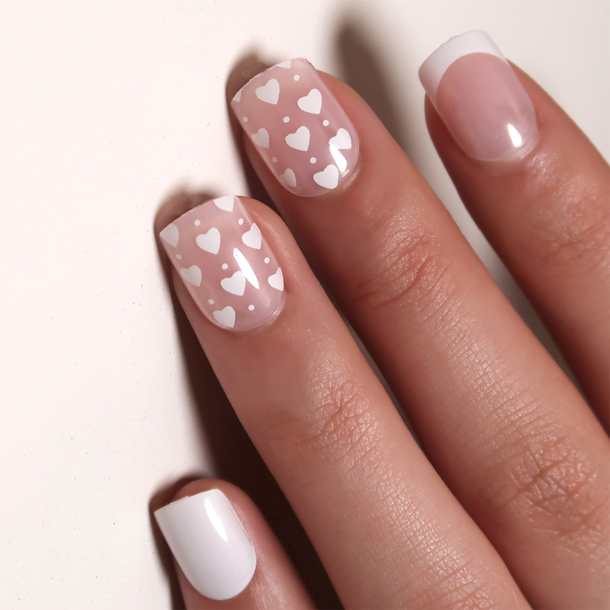 Heart Pattern French Tip Nails — Short Winter Square Nails