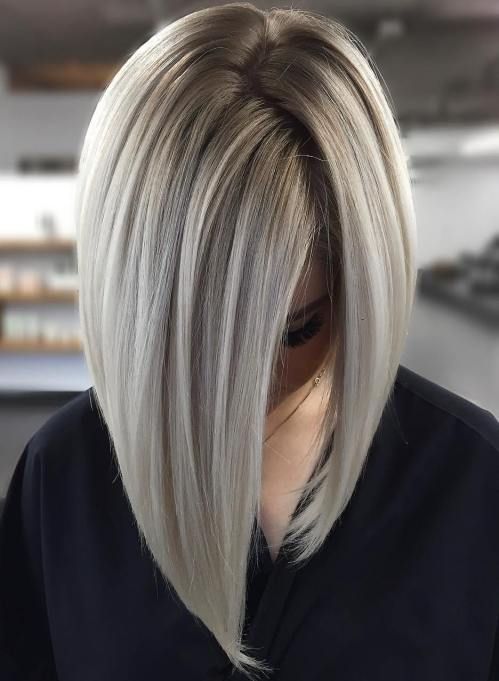 Chin-Length Angled Bob With Blunt Bangs Chin-Length Angled Bob With Blunt Bangs β Icy Blonde Hair