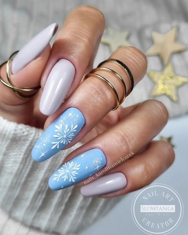 Matte Blue Snowflake Stiletto Nails — Pastel Winter Nails