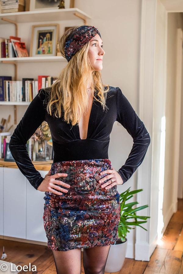 Velvet Top with Colorful Sequin Skirt and Opaque Tights — Winter Party Outfits