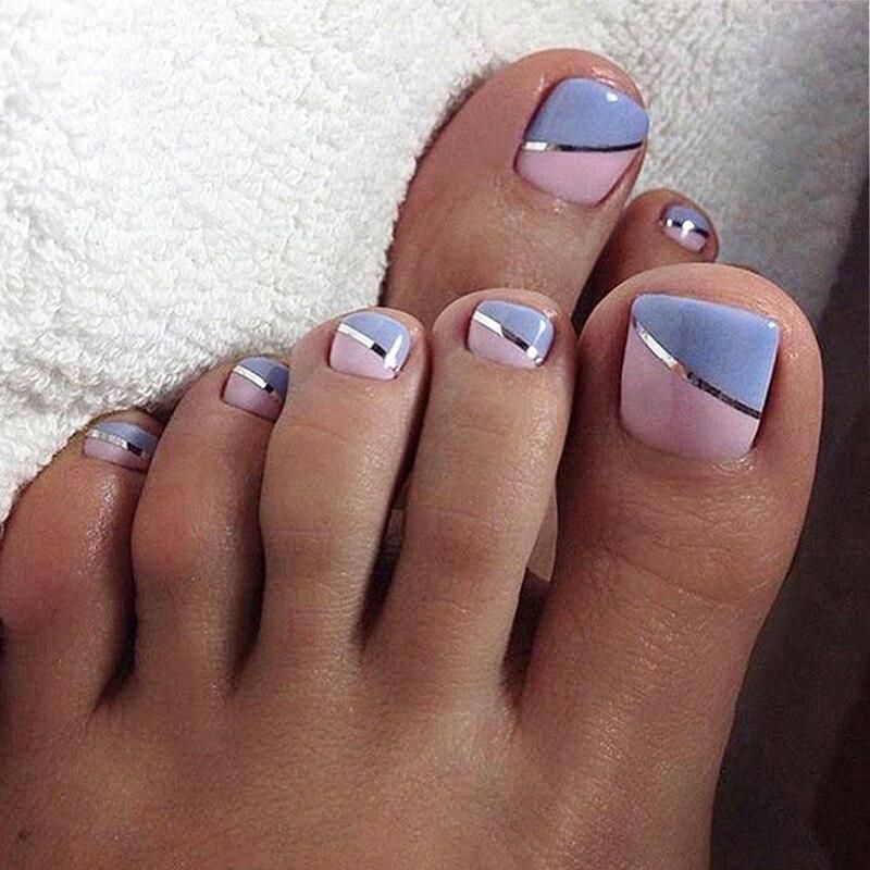 Pastel Halves with Silver Lines — Winter Toe Nails