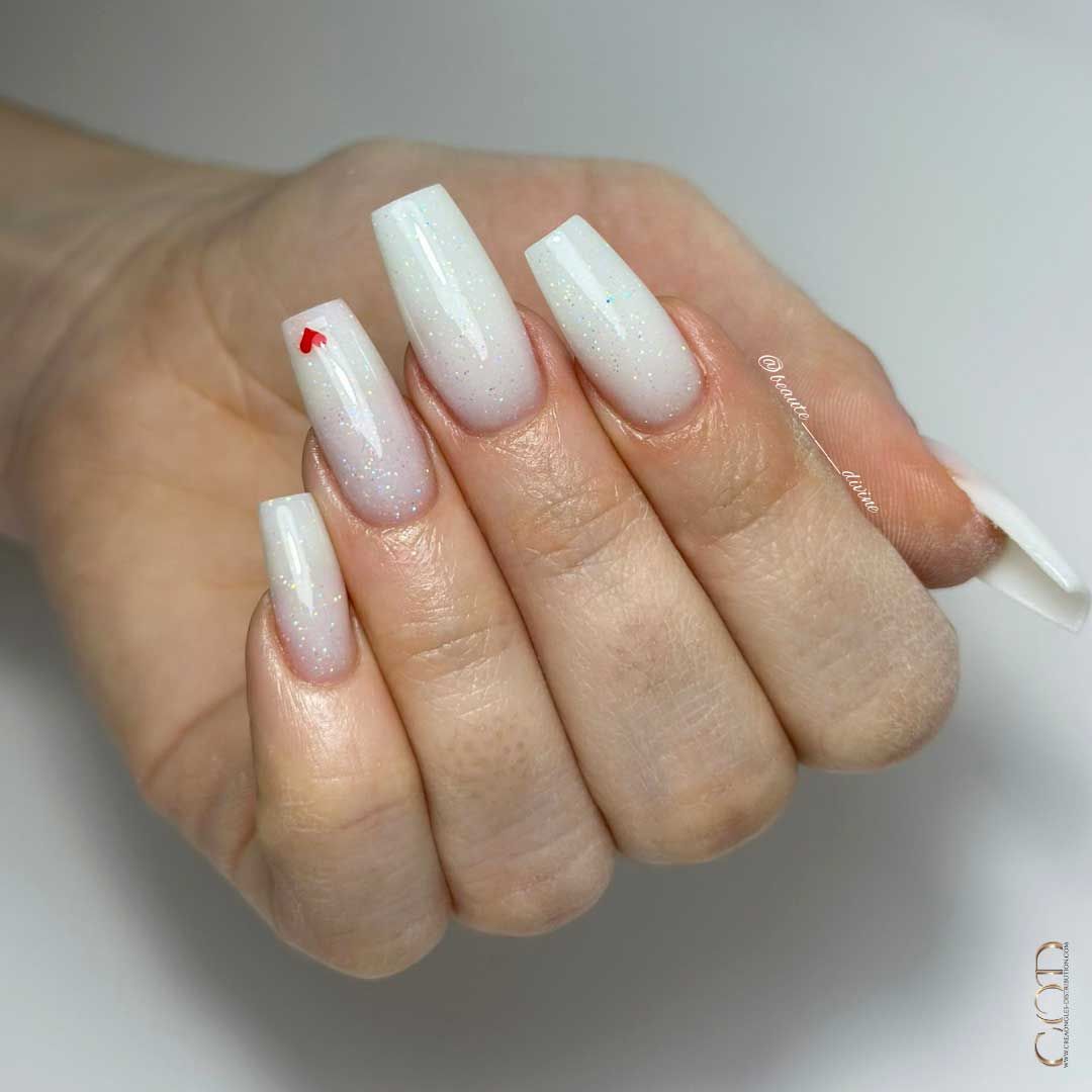 Milky White with Iridescent Glitter and Heart Milky White with Iridescent Glitter and Heart β Winter White Nails