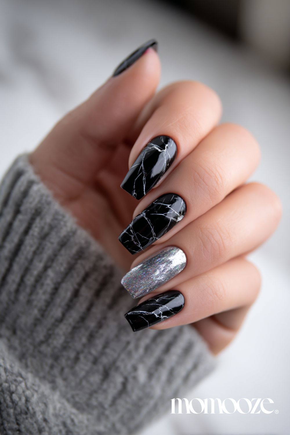 Black Marble with Silver Glitter Accent — Winter Marble Nails