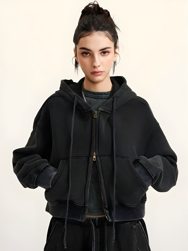 Black Cropped Zip-Up Hoodie Over Grey Tee Black Cropped Zip-Up Hoodie Over Grey Tee β Y2K Winter Outfits