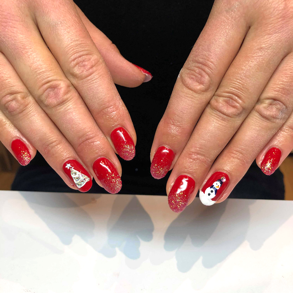 Red with Snowman and Tree Art — Winter Gel Nails
