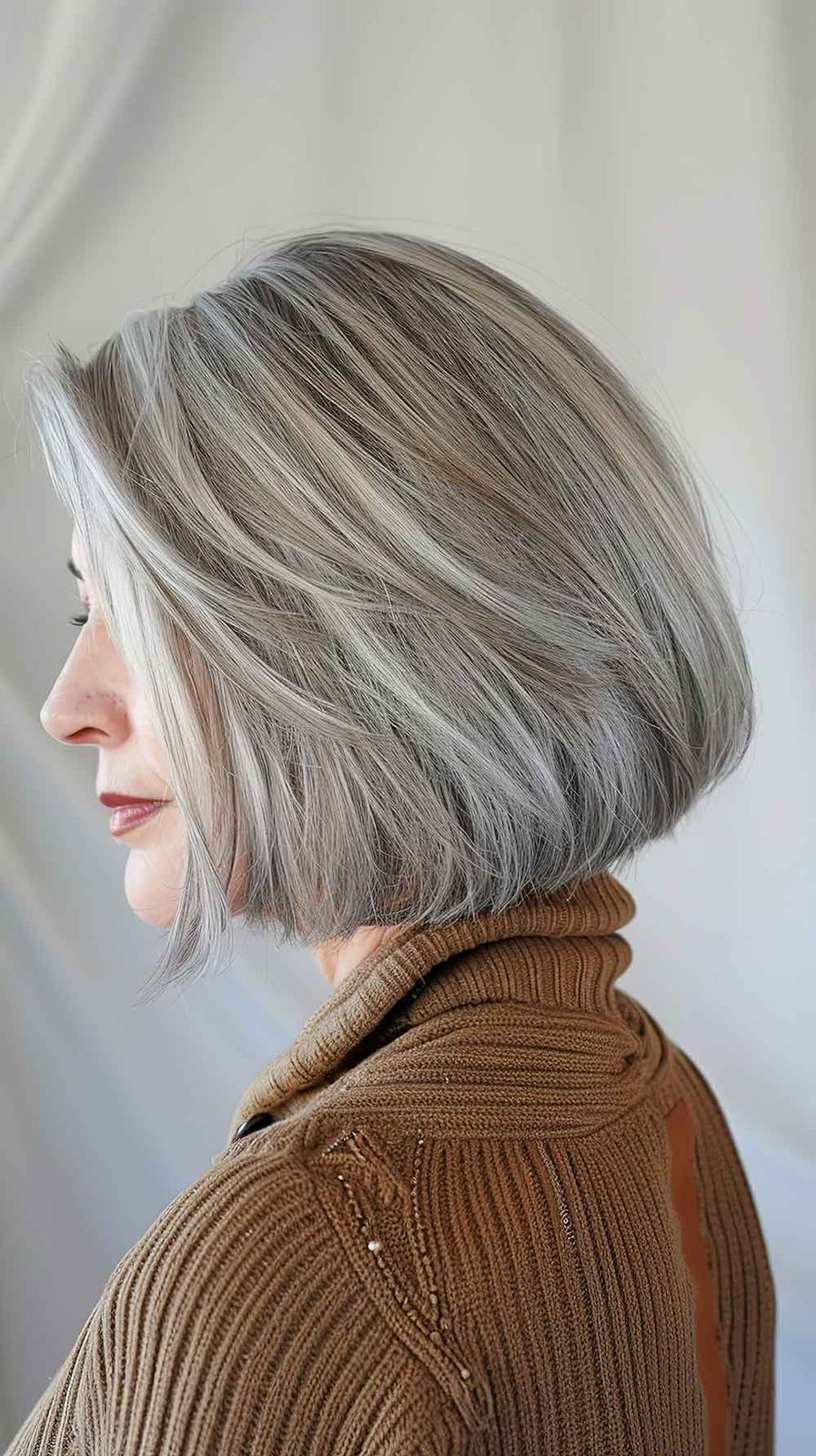 Stacked Grey Bob with Silver Highlights — Winter Hairstyles for Women Over 70