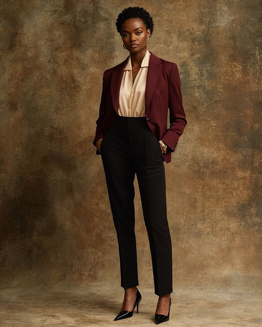 Structured Burgundy Blazer Paired with Cream Blouse and Black Trousers Structured Burgundy Blazer Paired with Cream Blouse and Black Trousers β Burgundy Outfits