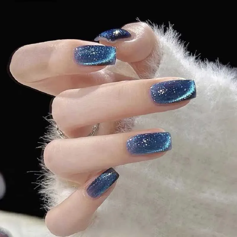 Dark Blue Glitter Cat Eye Short Square Dark Blue Glitter Cat Eye Short Square โ Winter Cat Eye Nails