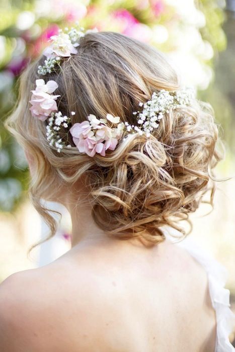 Light Blonde Loose Curly Updo With Flower Crown Light Blonde Loose Curly Updo With Flower Crown β Winter Formal Hairstyles