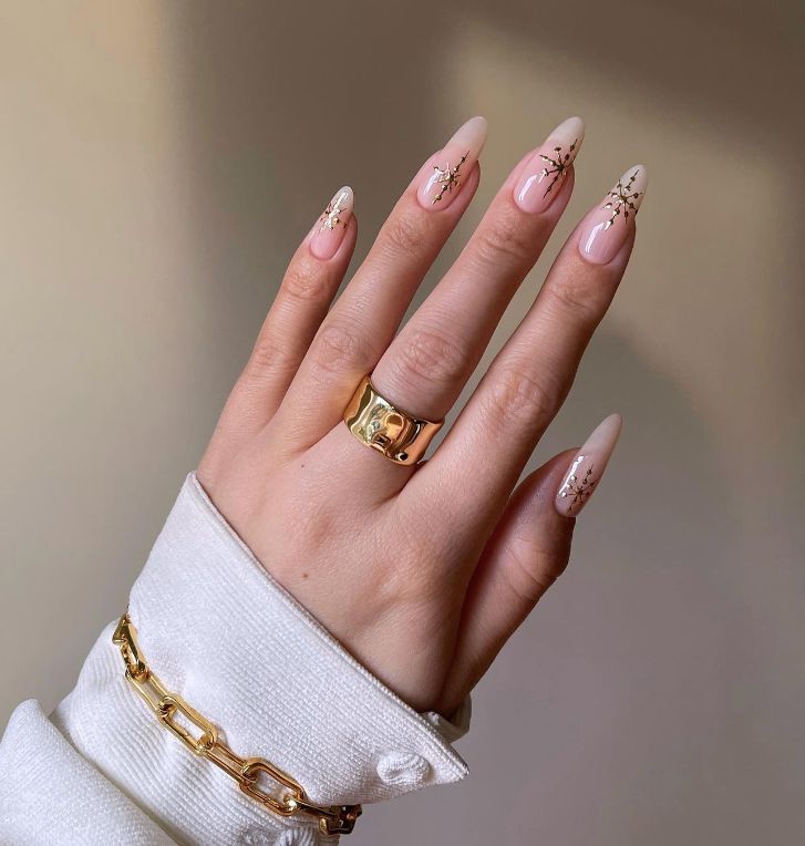Gold Star Decals On All Nails Visual Idea — Winter Nude Nails