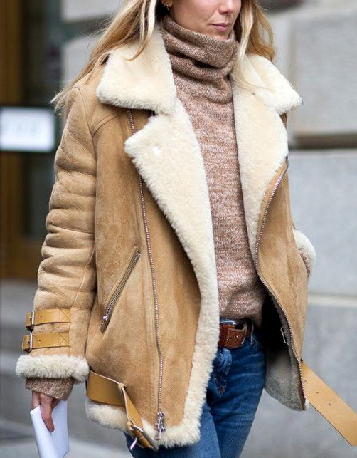 Tan Suede Shearling Aviator Jacket with Belted Waist Tan Suede Shearling Aviator Jacket with Belted Waist โ Shearling Coat Outfits