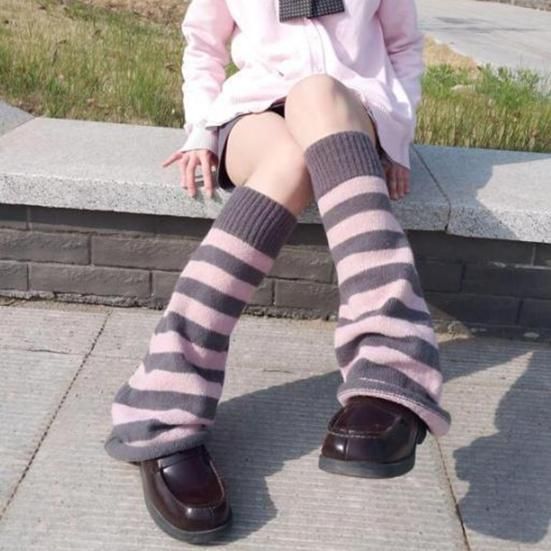 Pink and Grey Striped Slouchy Leg Warmers with Platform Loafers — Leg Warmers Outfits