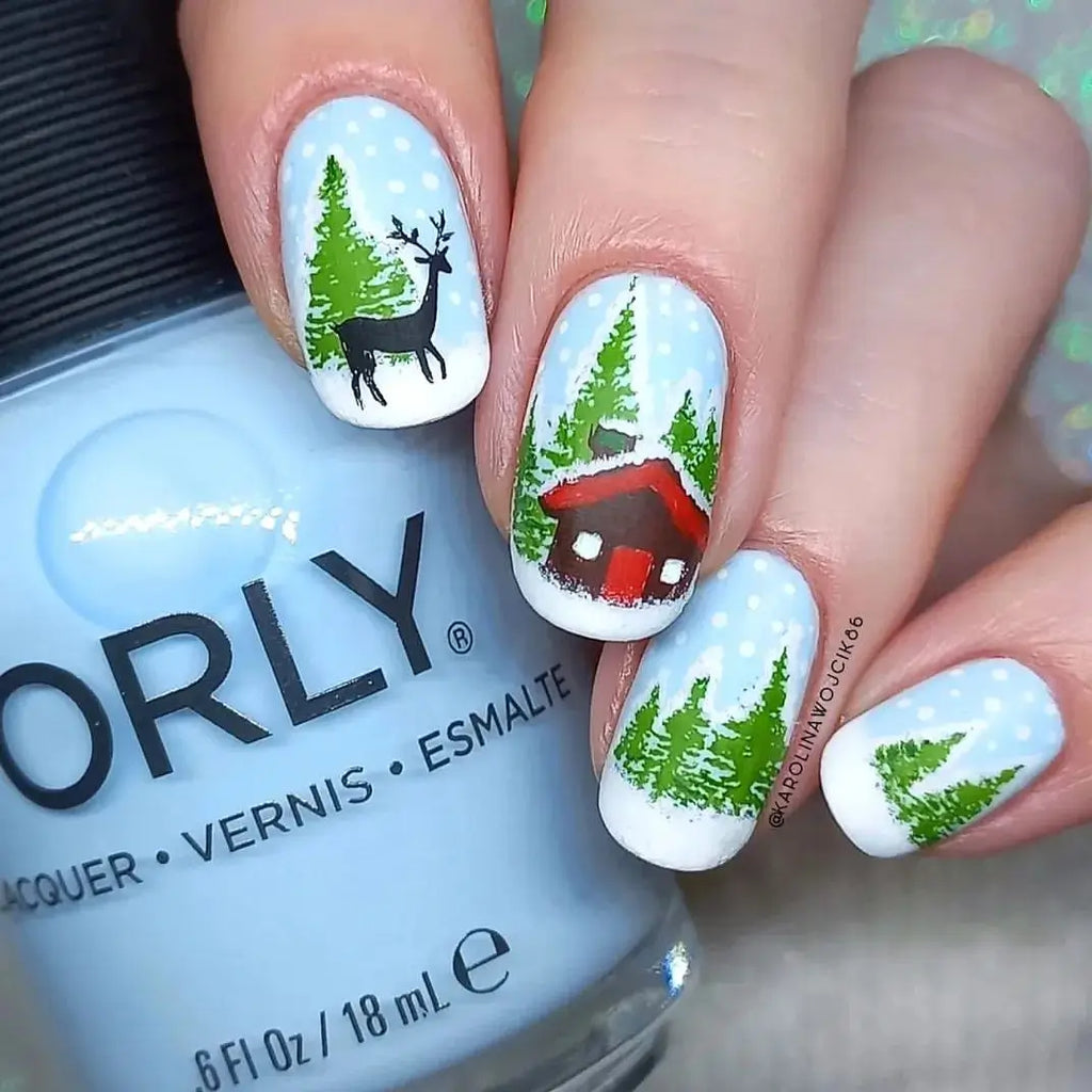 Winter Village Scene Oval Nails Winter Village Scene Oval Nails โ Winter Wonderland Nails
