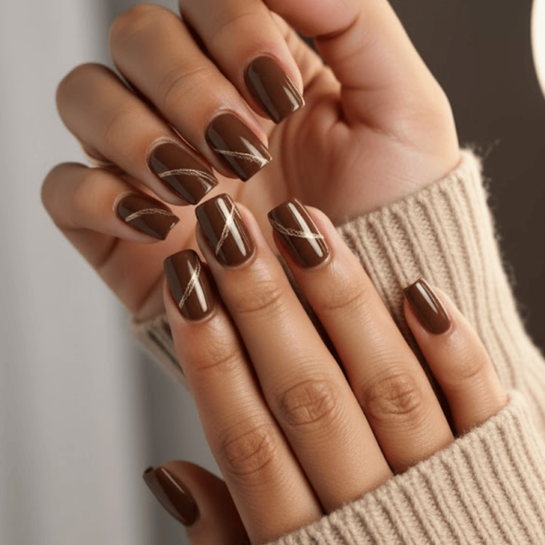 Deep Chocolate Brown with Gold Line Art Deep Chocolate Brown with Gold Line Art β Winter Nail Designs