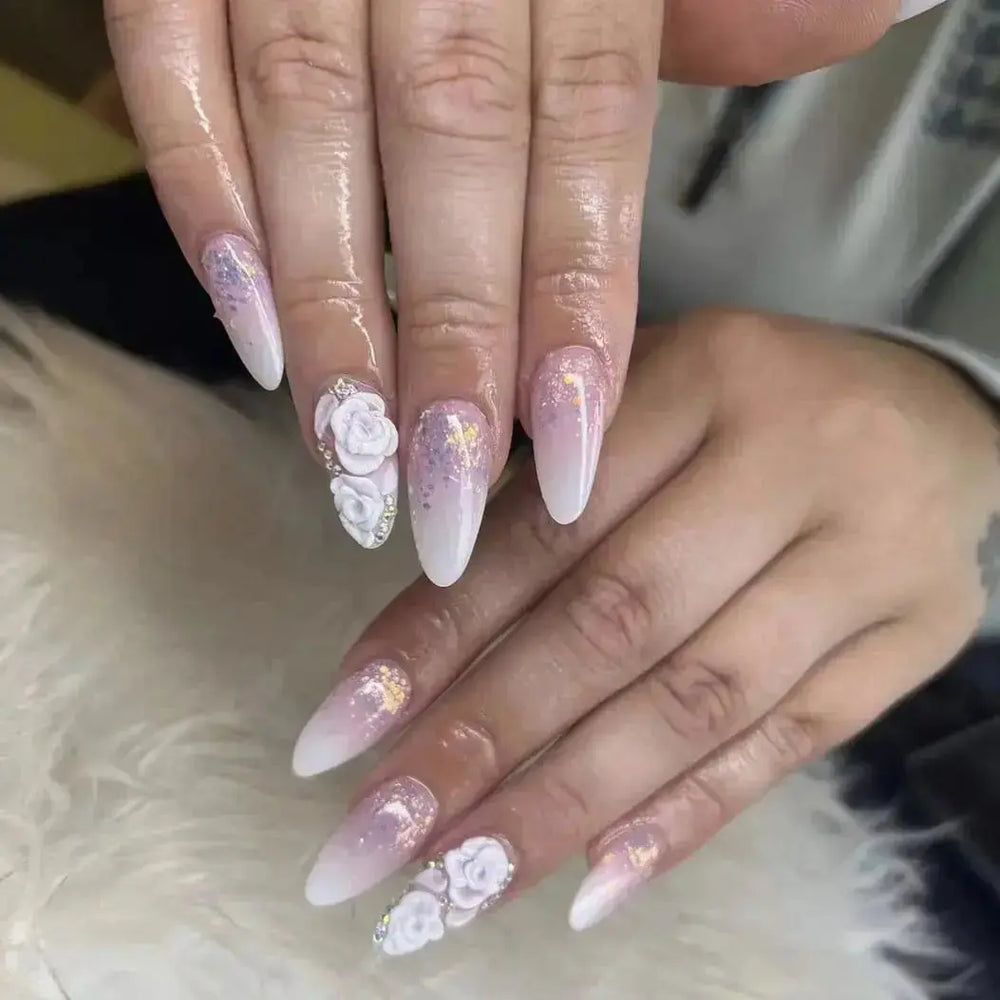 White Pale Pink Iridescent Glitter 3D Floral Almond Nails White Pale Pink Iridescent Glitter 3D Floral Almond Nails β Sparkly Winter Nails