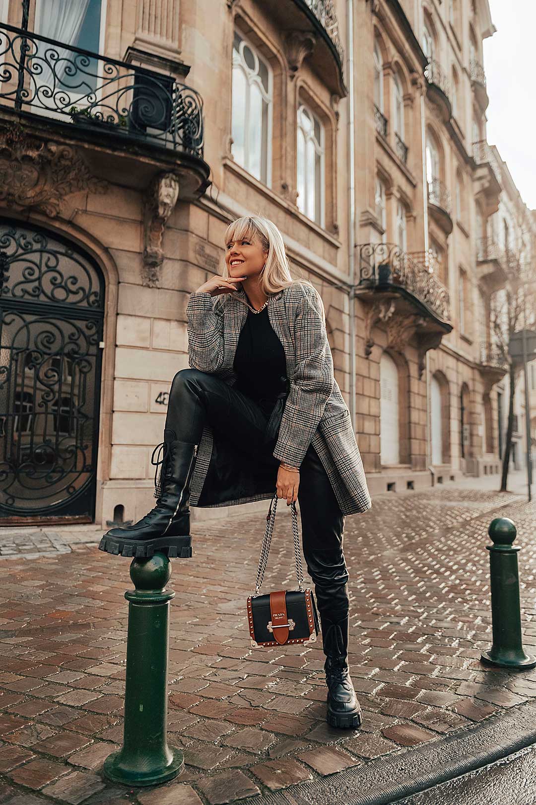 Grey Plaid Coat with Leather Trousers and Chunky Boots — Neutral Winter Outfits