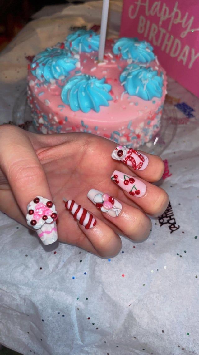 Playful 3D Birthday Cake Stiletto Nails Playful 3D Birthday Cake Stiletto Nails β Winter Birthday Nails