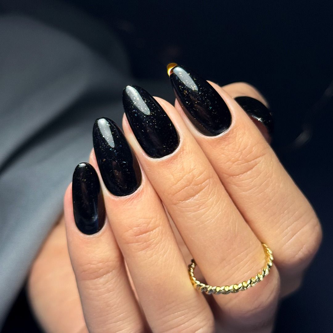 Glossy With Embedded Glitter Glossy Black With Subtle Glitter — Winter Black Nails